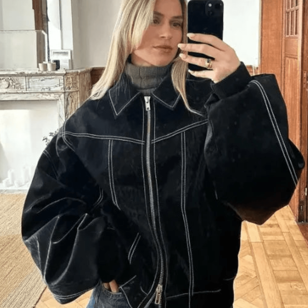 Carla – Lederjacke mit Reißverschluss und übergroßen Ärmeln - Jacken - Temala