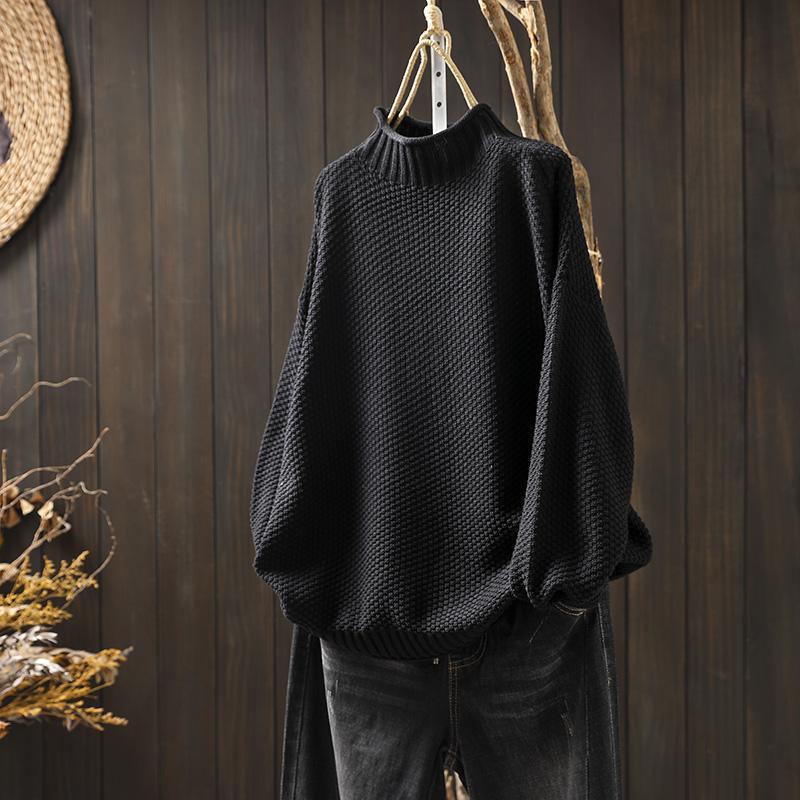 Adele - Waffelstrick Pullover - Schwarz - 