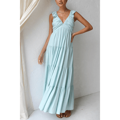 Bella - Ärmelloses Rüschen - Maxikleid - Himmel Blau - S - 