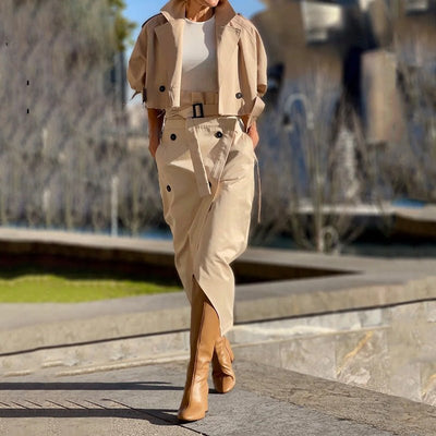 Beverly - Modisches Mantel - und Midirock - Set - Khaki - XS - 