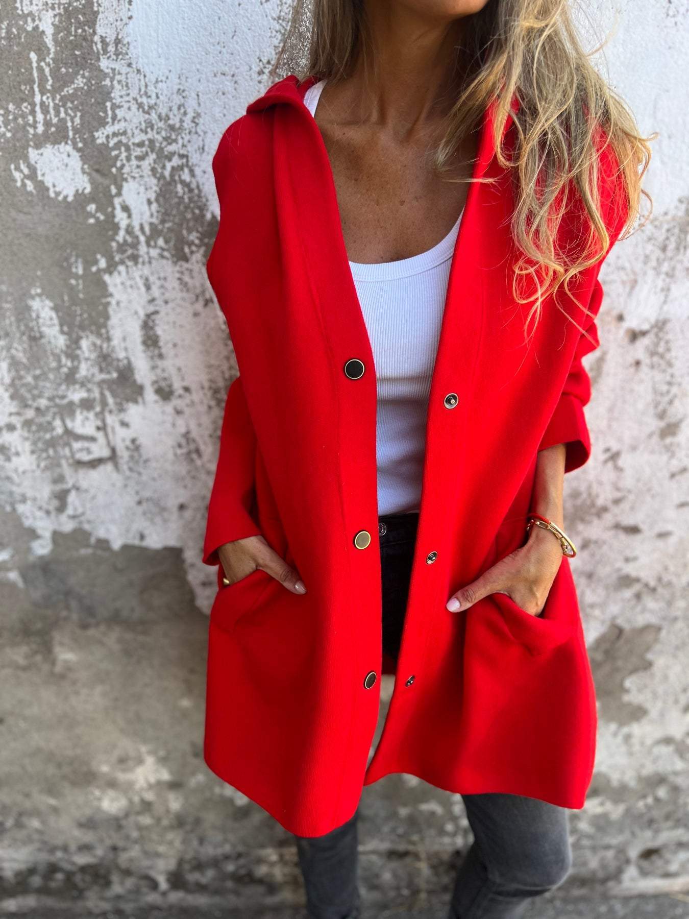 Blythe - Lässiger einreihiger Blazer mit Kapuze - Rot - S - 