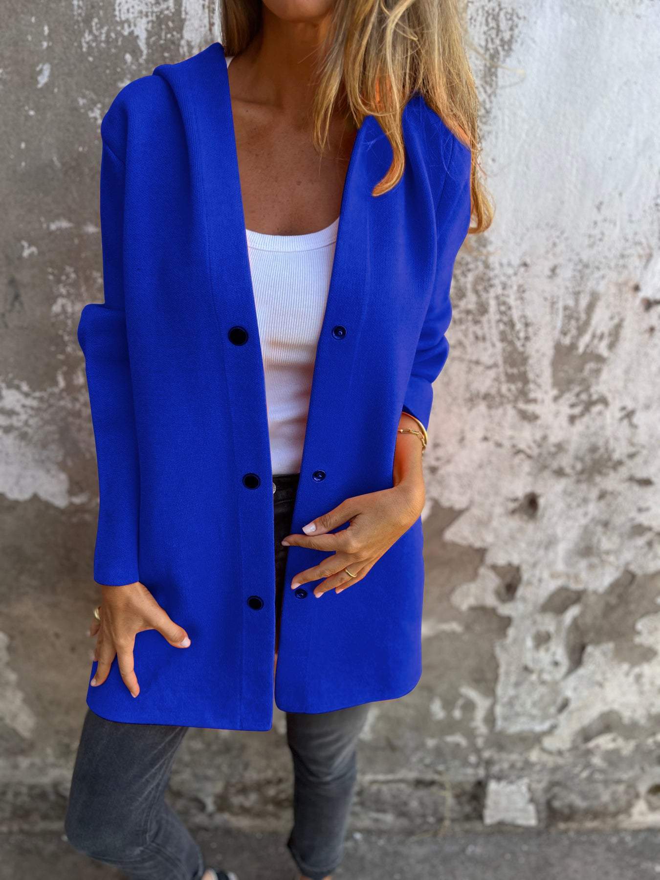 Blythe - Lässiger einreihiger Blazer mit Kapuze - Blau - S - 