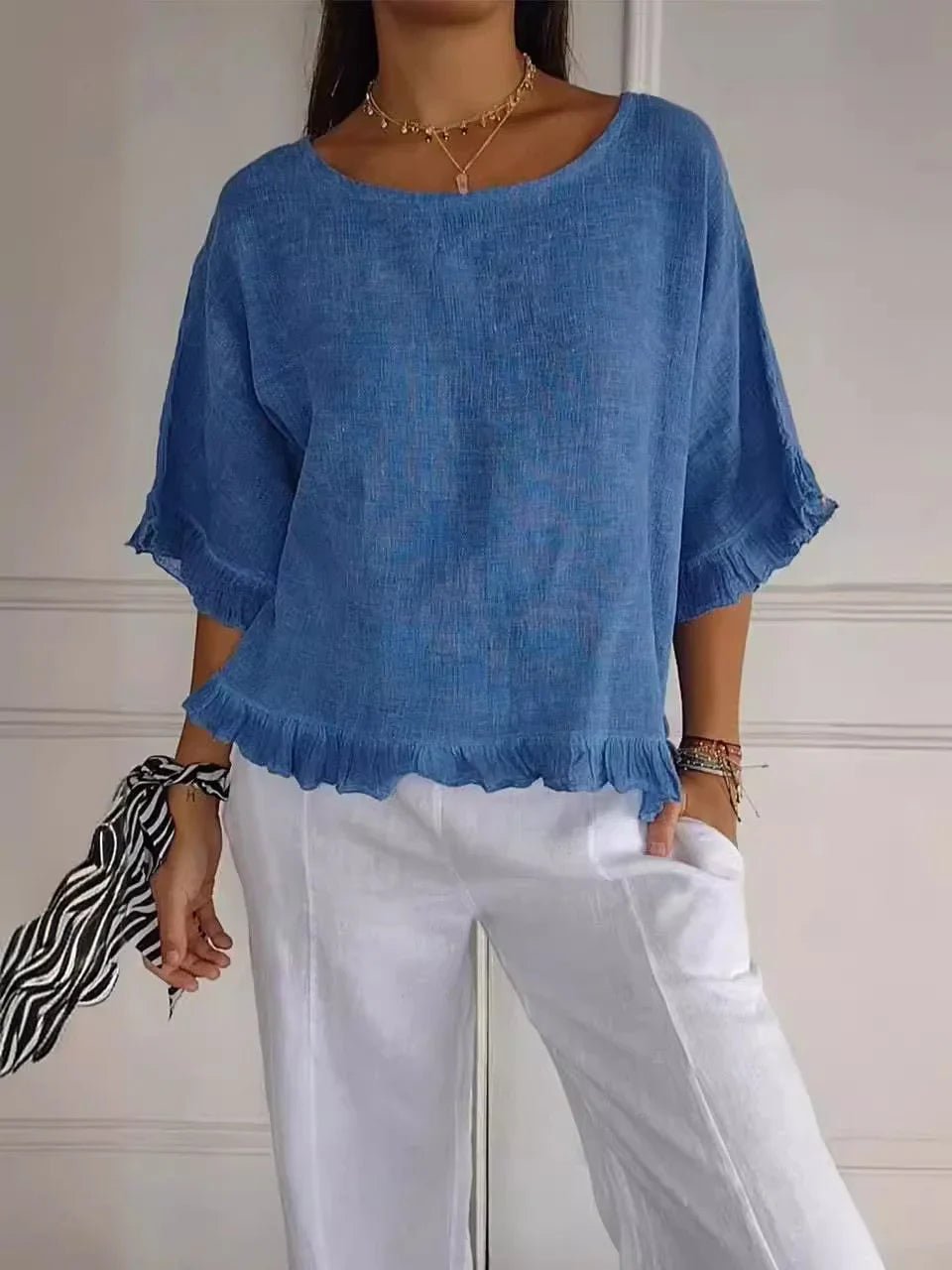 Corinne - Baumwoll - Leinen - Bluse mit Rüschen - Blau - S - 