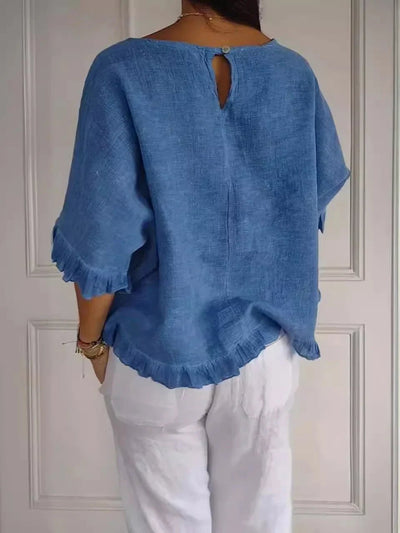 Corinne - Baumwoll - Leinen - Bluse mit Rüschen - Blau - S - 