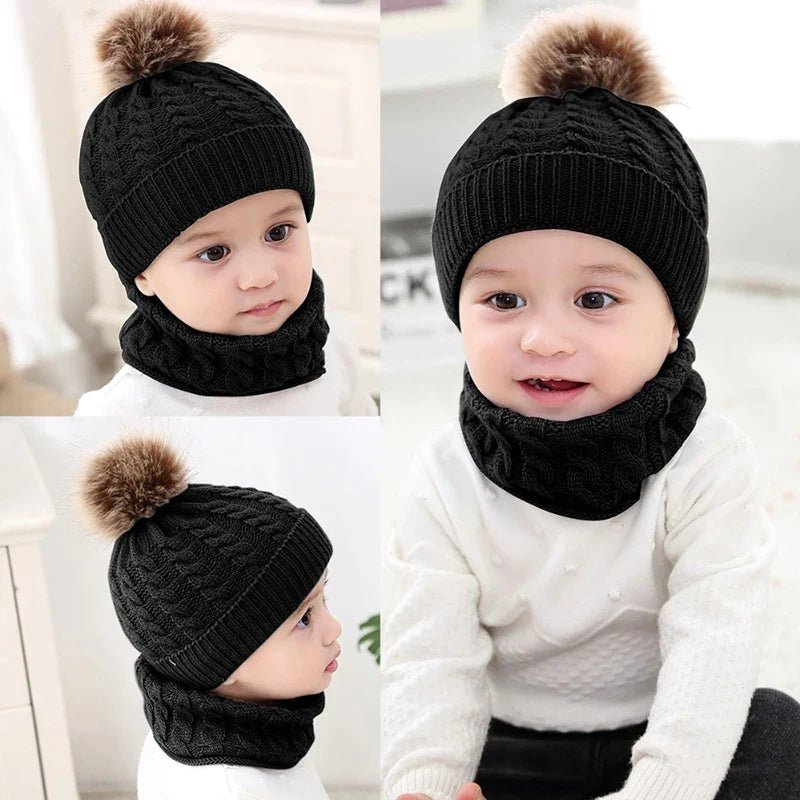 CozyKid - Strickmütze mit Halstuch für Baby - Schwarz - 