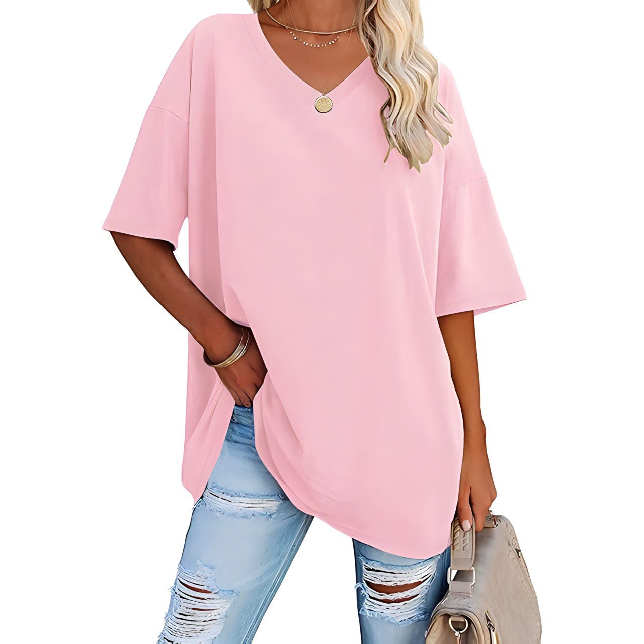 Danièle - Lockeres T-Shirt mit V - Ausschnitt für Frauen - Rosa - S - 