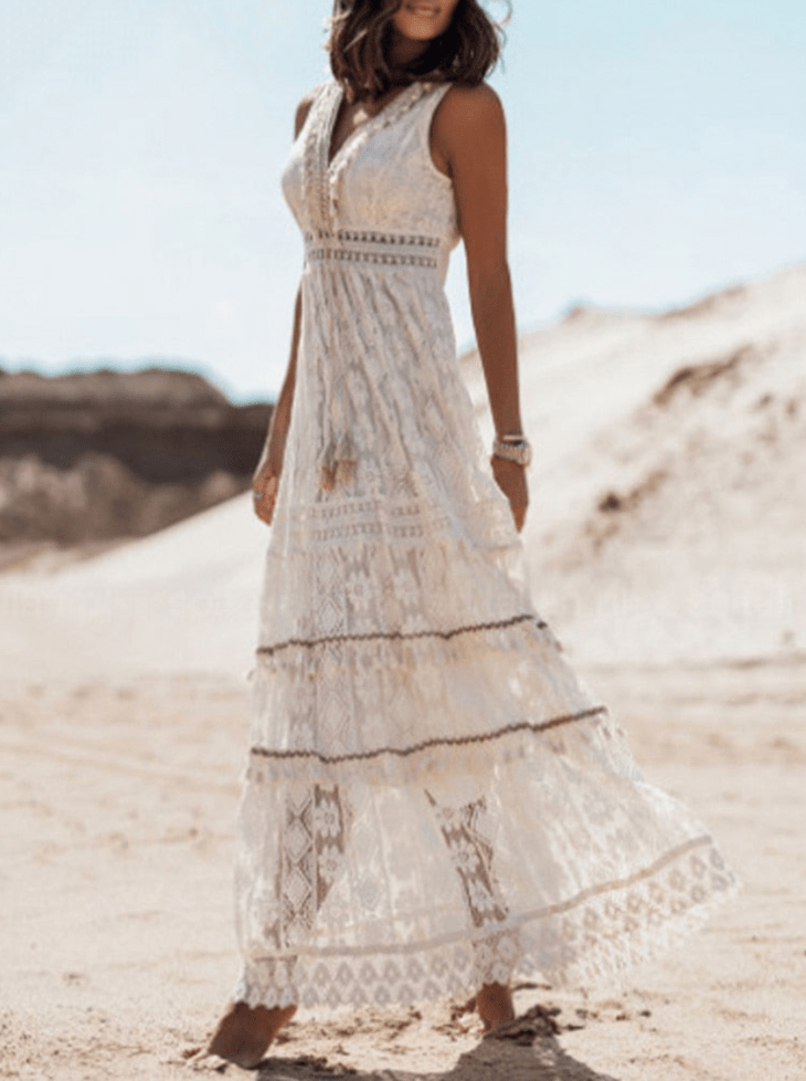 Ella Boho Maxikleid | Bohème Ibiza Kleid - Beige - S - 