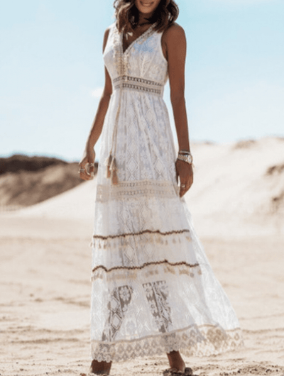 Ella Boho Maxikleid | Bohème Ibiza Kleid - Weiß - S - 