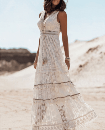 Ella Boho Maxikleid | Bohème Ibiza Kleid - Weiß - S - 