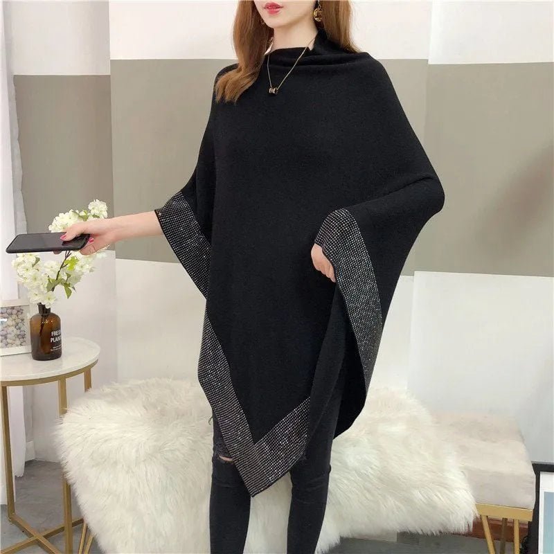 Ella - Gestrickter Retro - Cape - Mantel - Schwarz - S - 