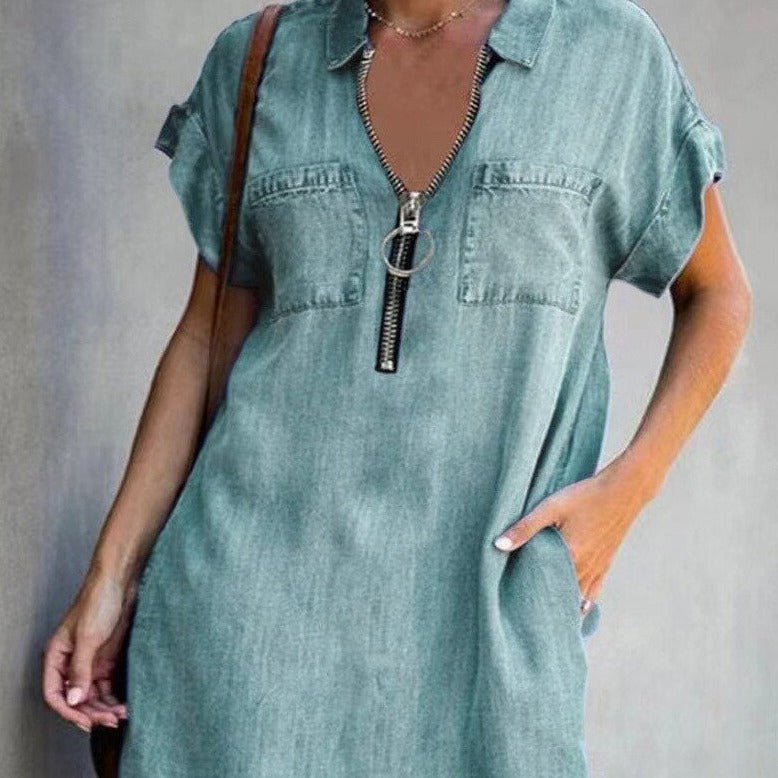 Elvira® | Denim Kleid mit Reißverschluss - Grün - S - 