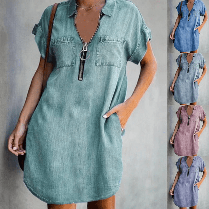 Elvira® | Denim Kleid mit Reißverschluss - Blau - S - 