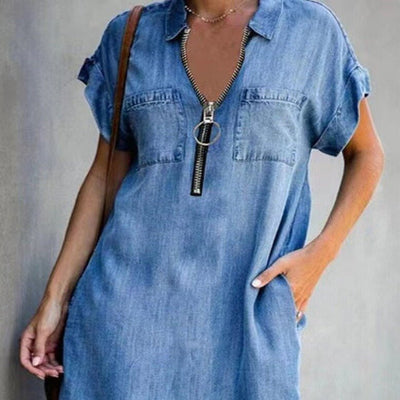 Elvira® | Denim Kleid mit Reißverschluss - Blau - S - 