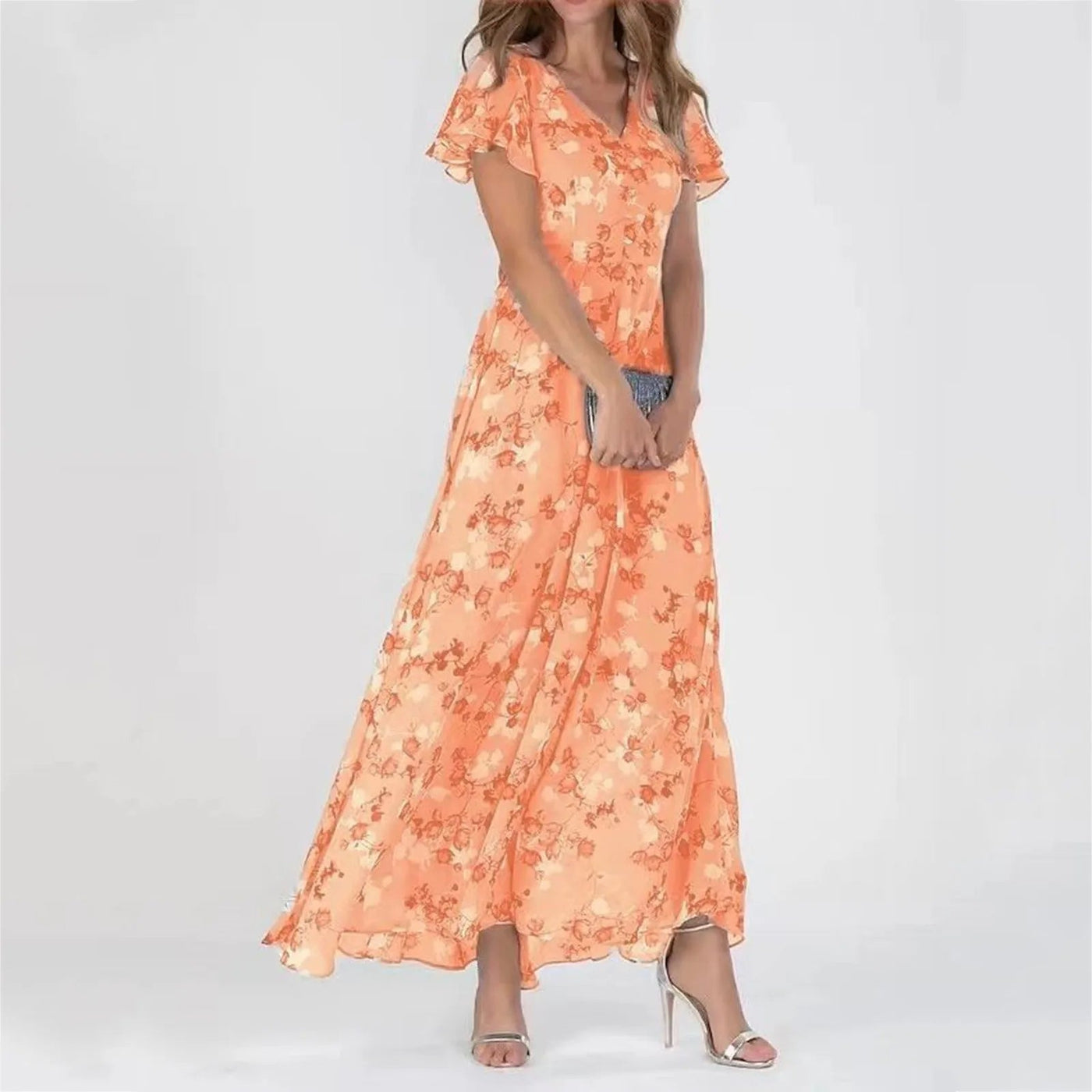 Floria - Rüschen V - Ausschnitt Kleid - Orange - S - 