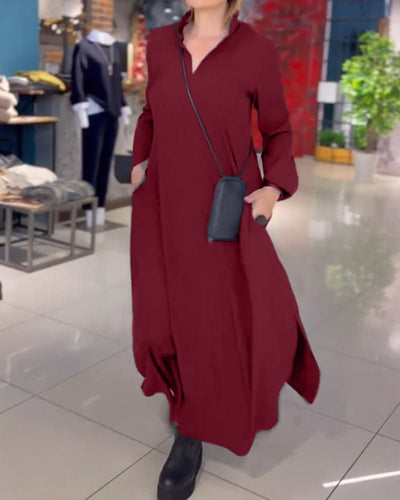 Helene - Langes, lockeres Kleid mit V - Ausschnitt - Rot - S - 