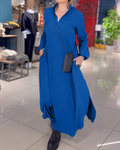 Helene - Langes, lockeres Kleid mit V - Ausschnitt - Blau - S - 