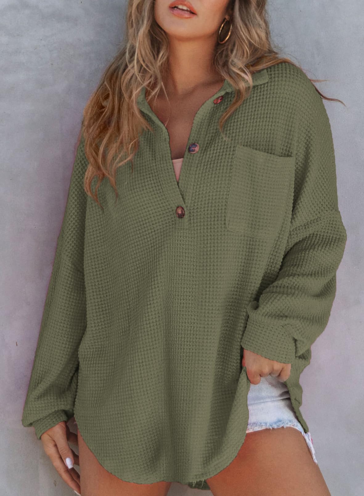 Henna - Waffelpullover - Olivgrün - S - 