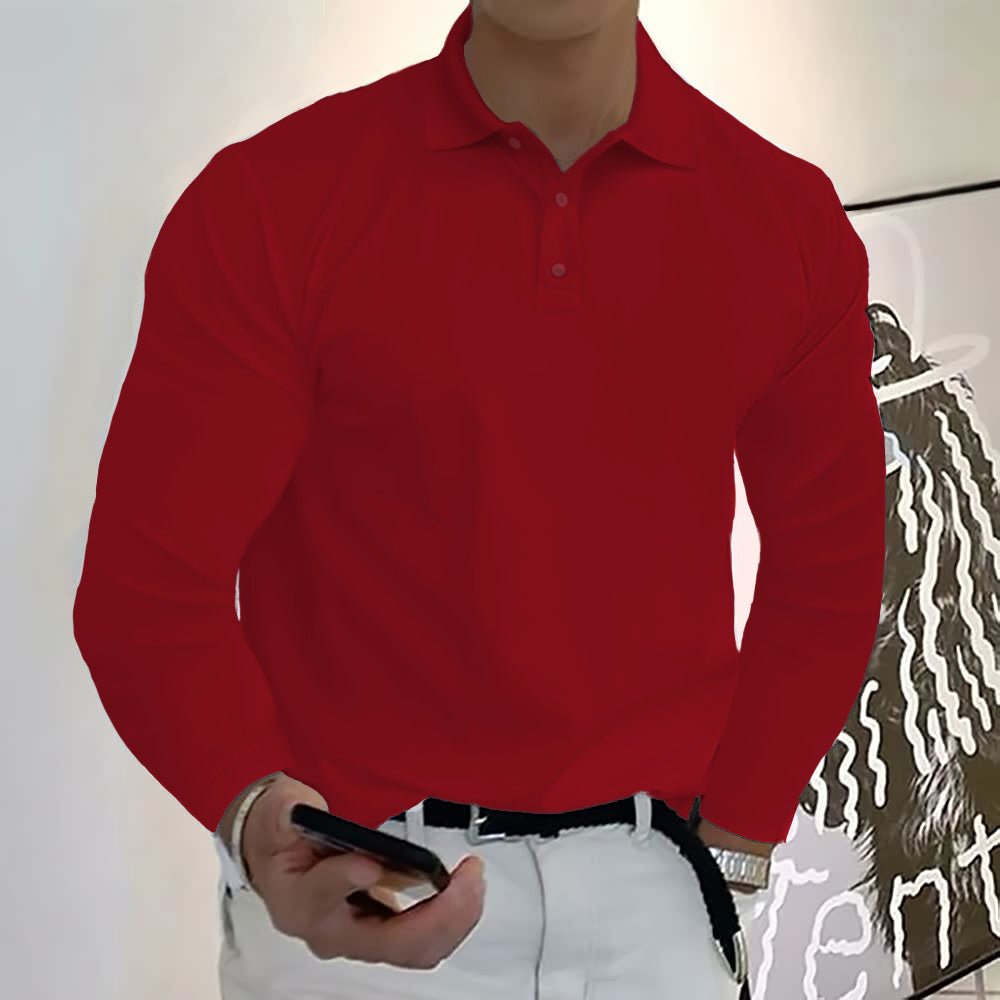 Herren Langarm Casual Solid Golf Polo Shirt - Weinrot - S - 