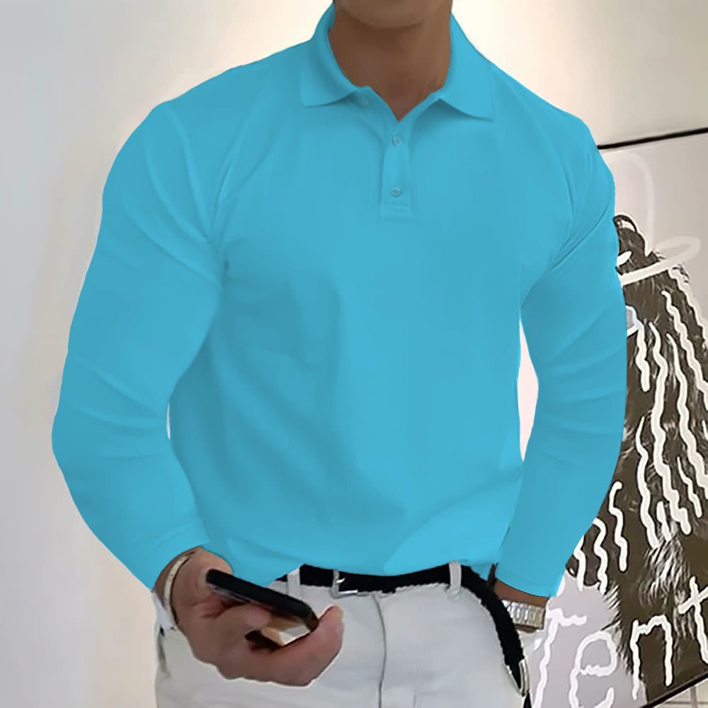 Herren Langarm Casual Solid Golf Polo Shirt - Seeblau - S - 