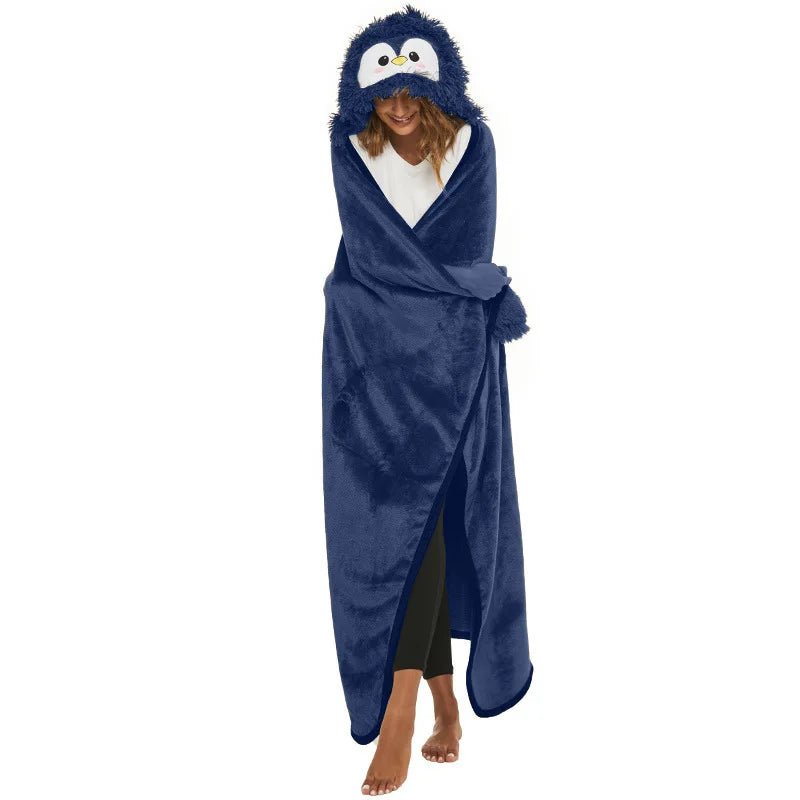 HoodyHug - Tierische Kapuzendecke mit Handschuhen - Blauer Pinguin - 