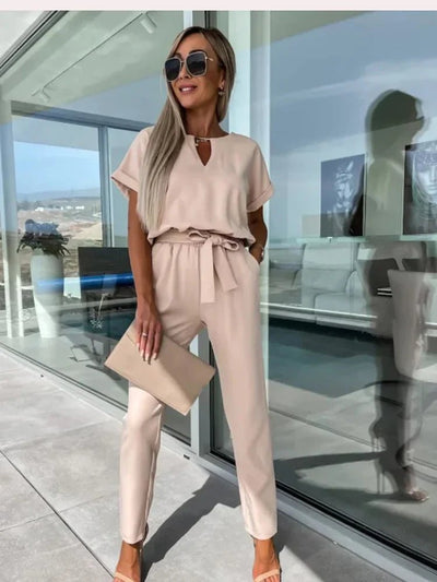 Ivana - Sommer Kurzarm Jumpsuit - Khaki - S - 