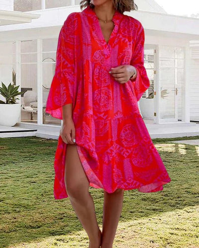 Janine | Boho Geometrisches Print Kleid - Rot - S - 