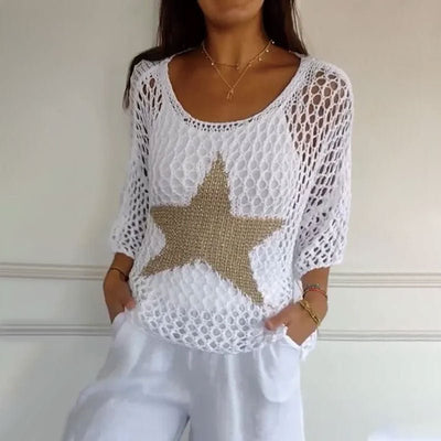 Jolie - Rundhals - Crochet - Stricktop - Weiß - M - 