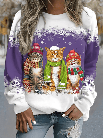 Kamilla - Pullover mit Schneekatzen - Print - Lila - 2XS - 