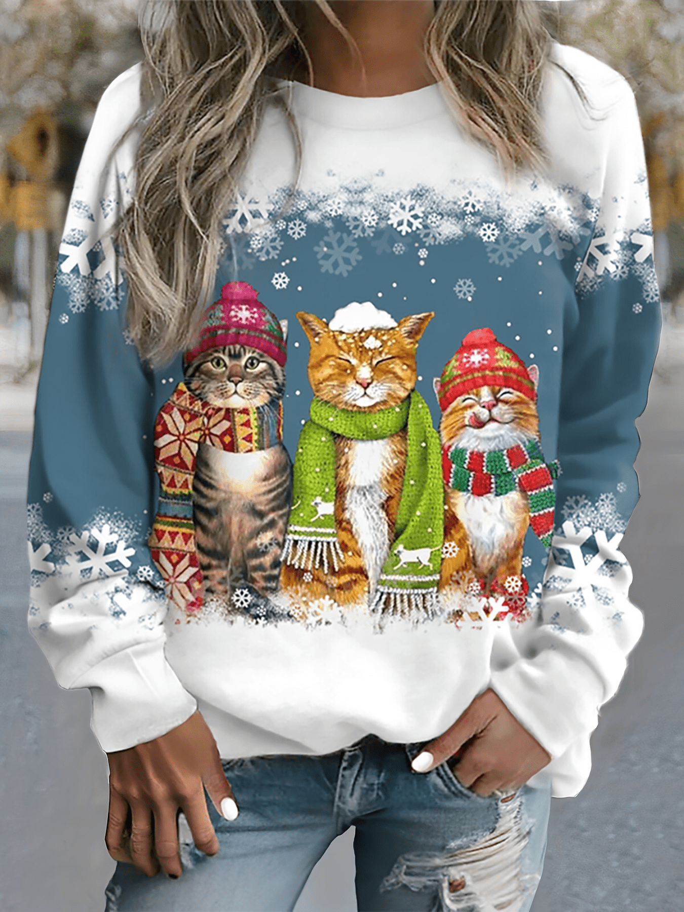 Kamilla - Pullover mit Schneekatzen - Print - Blau - 2XS - 