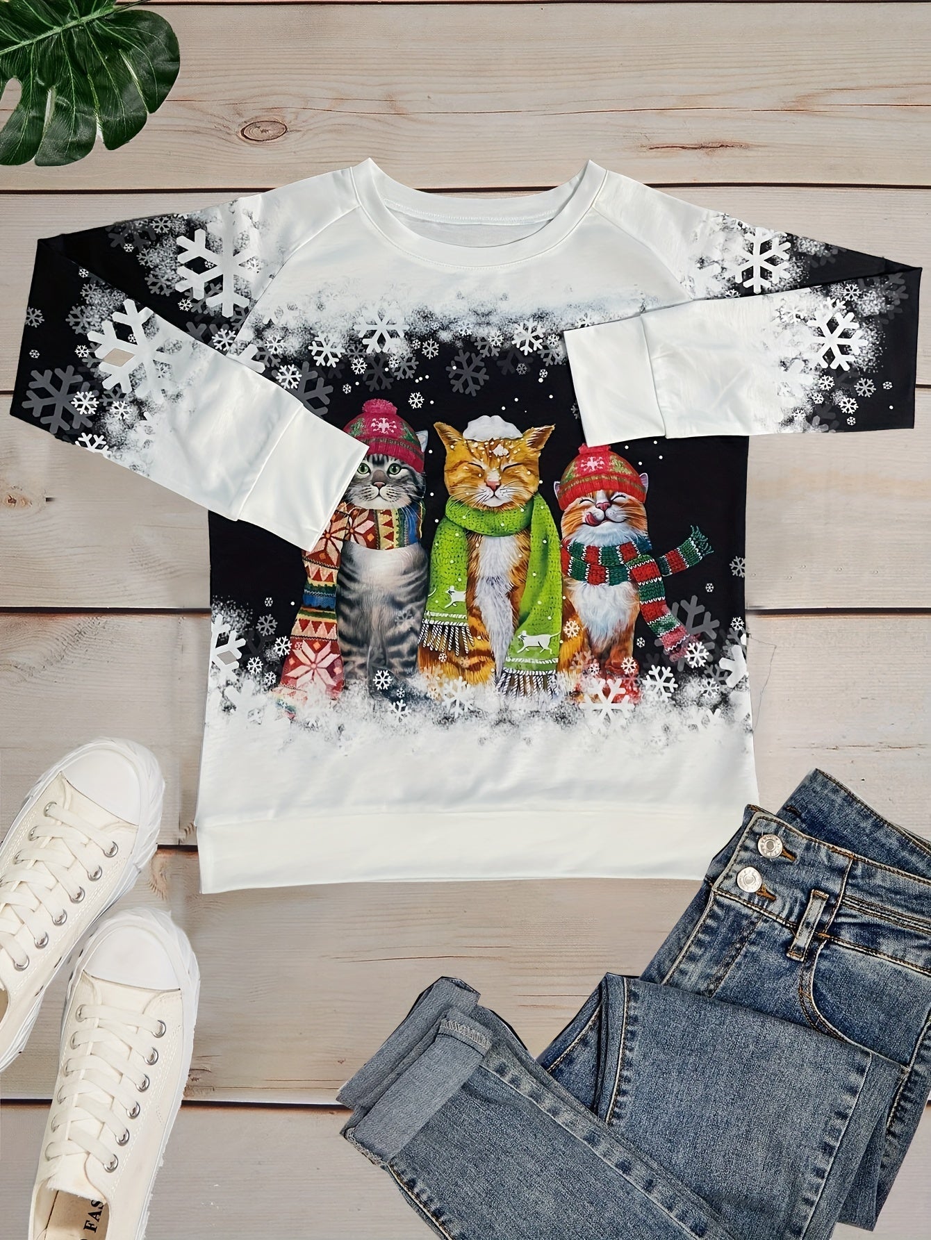 Kamilla - Pullover mit Schneekatzen - Print - Grün - 2XS - 