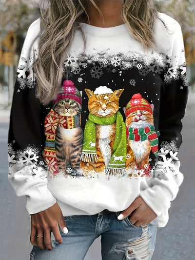 Kamilla - Pullover mit Schneekatzen - Print - Schwarz - 2XS - 