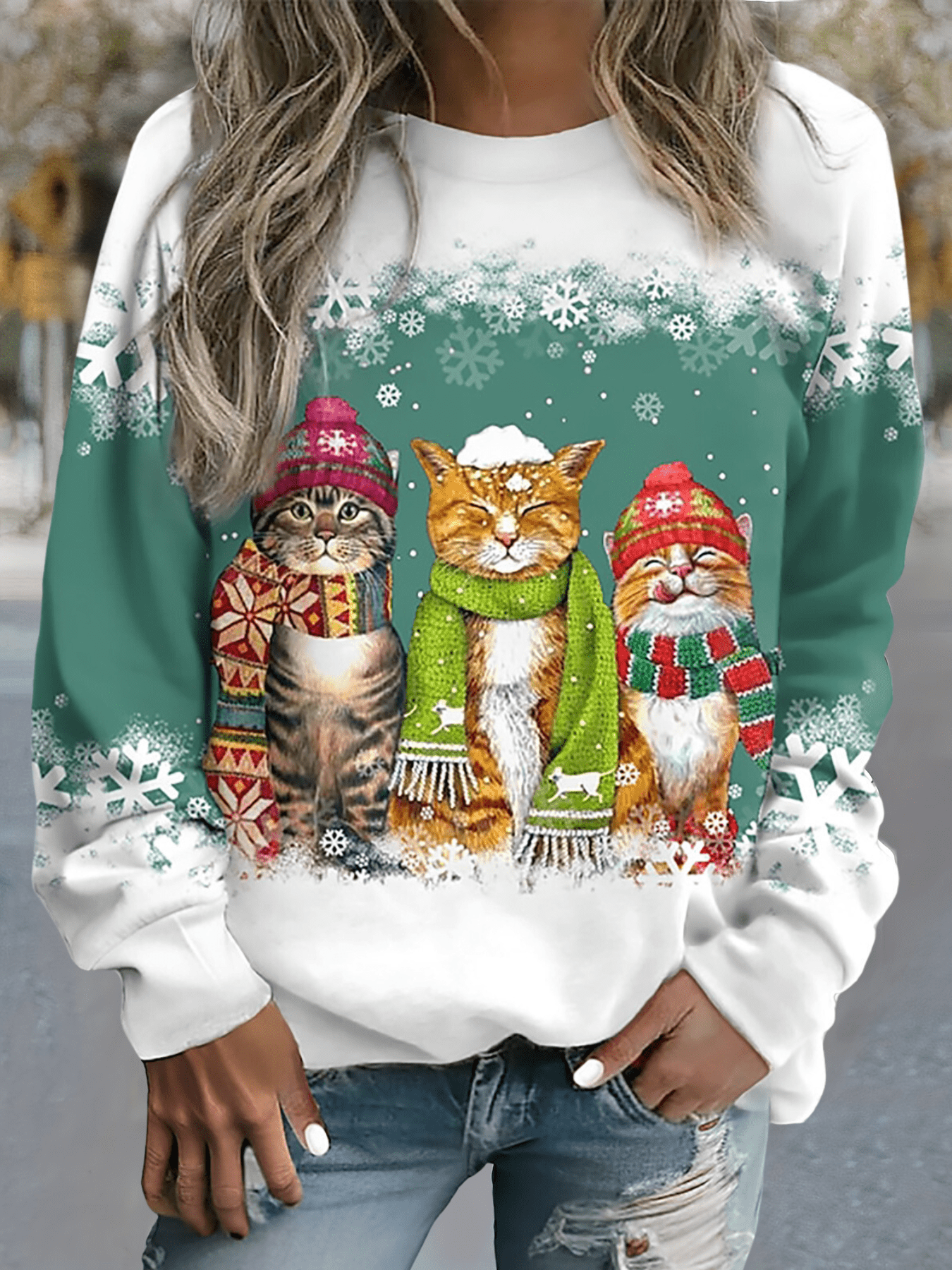 Kamilla - Pullover mit Schneekatzen - Print - Grün - 2XS - 