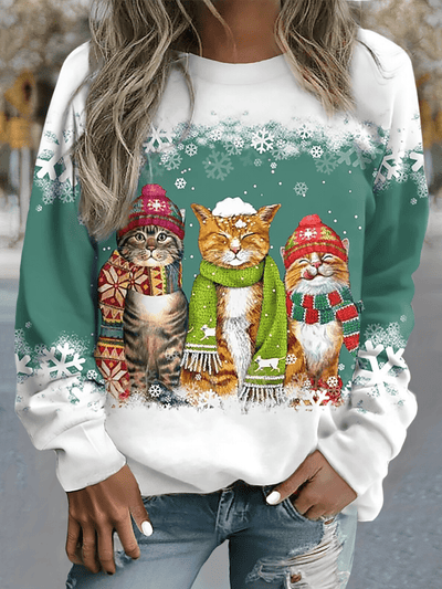 Kamilla - Pullover mit Schneekatzen - Print - Grün - 2XS - 