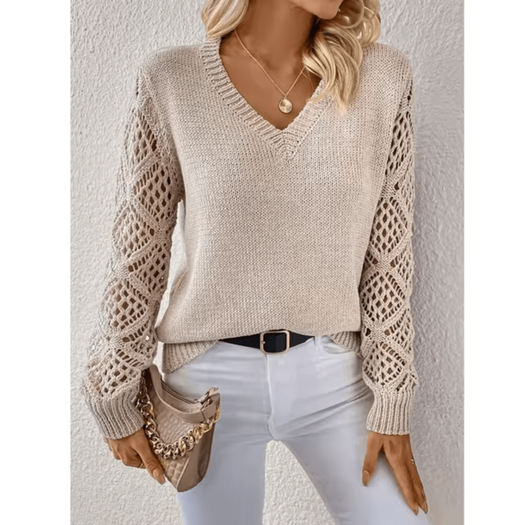 Kendra - Lässiger V - Ausschnitt Strickpullover - Beige - S - 