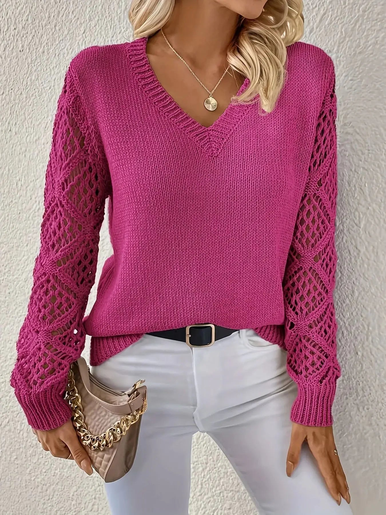 Kendra - Lässiger V - Ausschnitt Strickpullover - Rosa - S - 