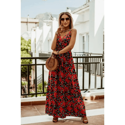 Kiera - Boho Sommer Langkleid - Rot mit Schwarz - S - 