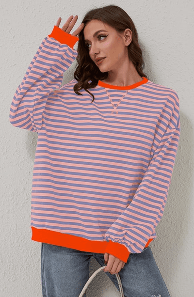 Lana - Übersized gestreifter Pullover - Orange & Blau - S - 