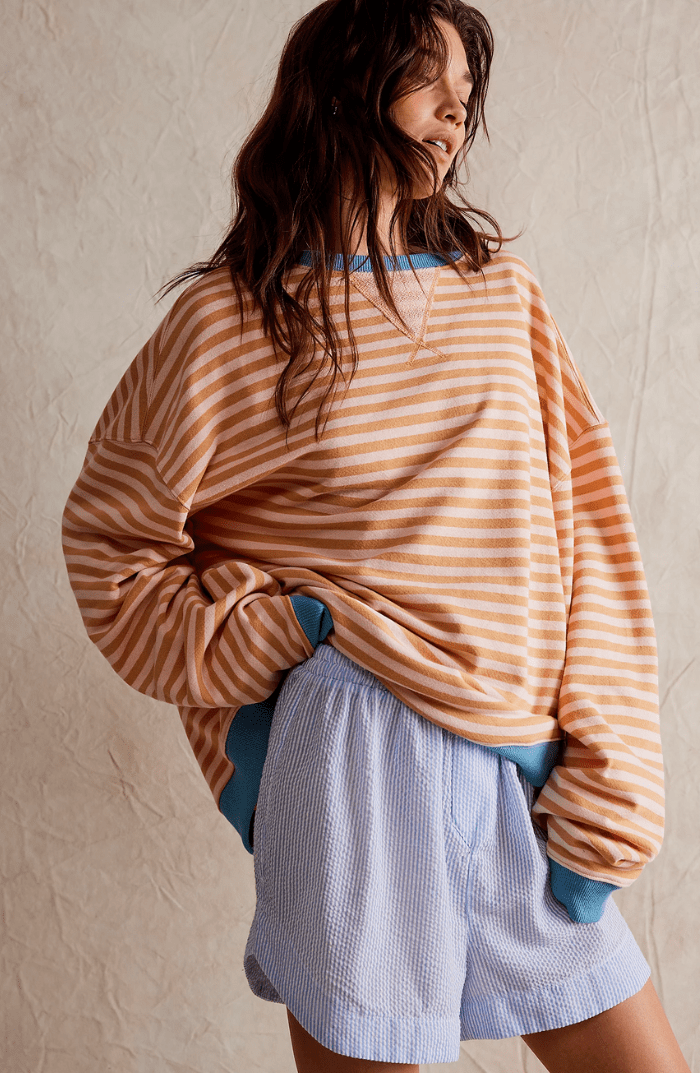 Lana - Übersized gestreifter Pullover - Orangefarbene Streifen - S - 