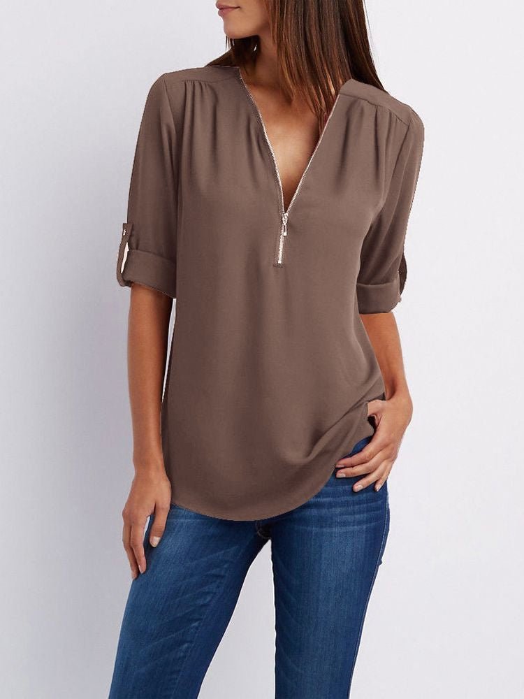 Langärmelige Lockere Bluse - Dunkelbraun - S - 