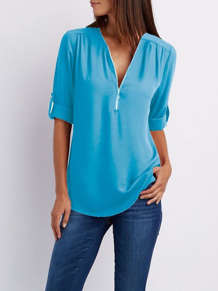 Langärmelige Lockere Bluse - Himmelblau - S - 