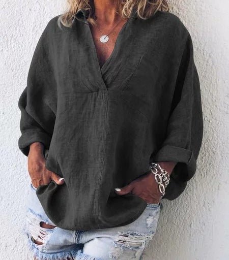 Loretta - Stylische V - Ausschnitt Loose Bluse - Grau - S - 