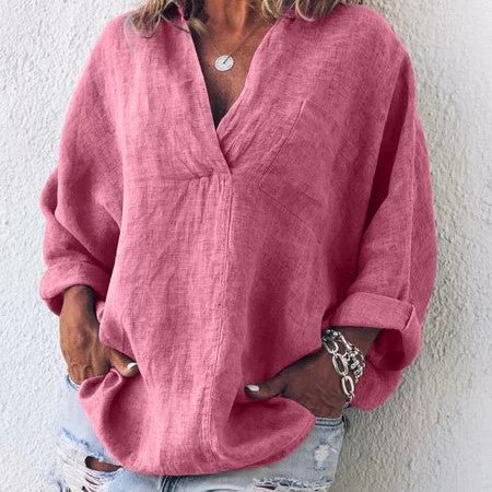 Loretta - Stylische V - Ausschnitt Loose Bluse - Rosa - S - 