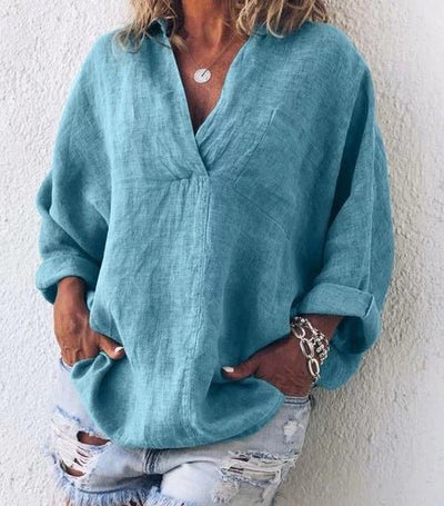 Loretta - Stylische V - Ausschnitt Loose Bluse - Blau - S - 