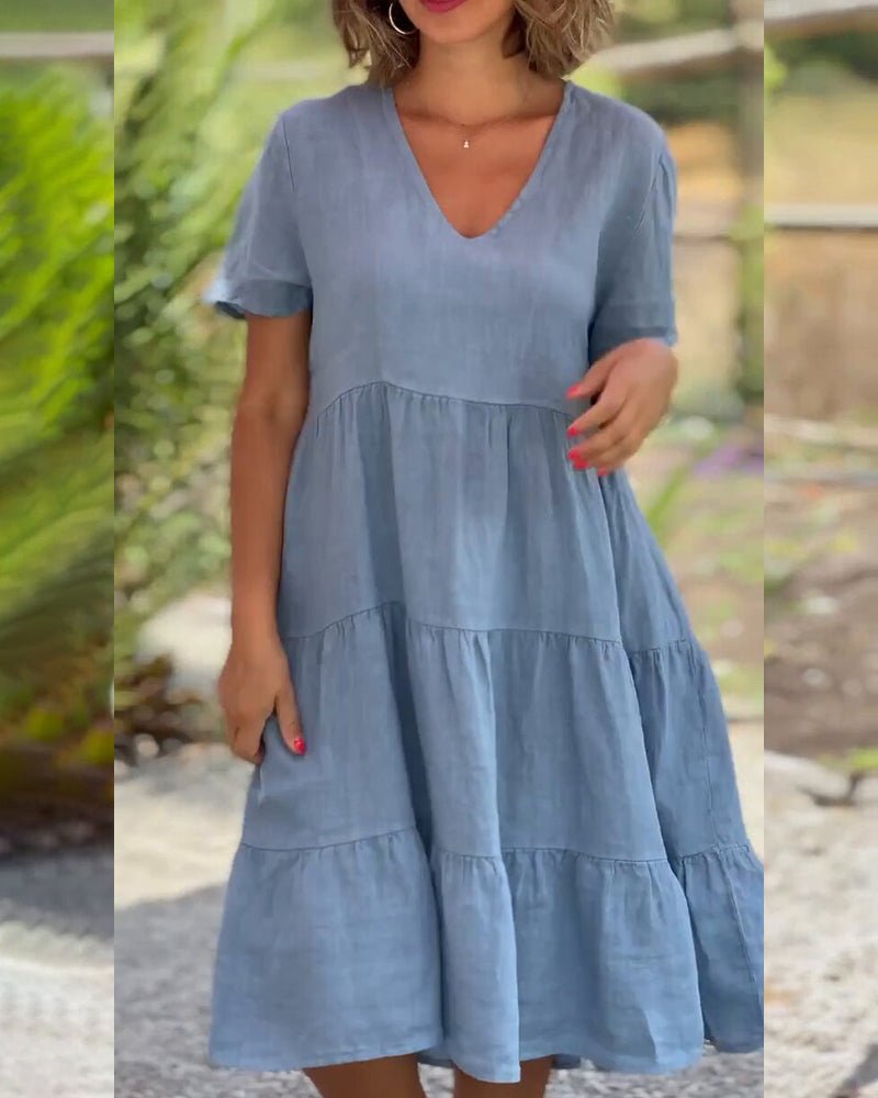 Louhi | Baumwoll - Leinen - Kleid mit V - Kragen - Blau - S - 