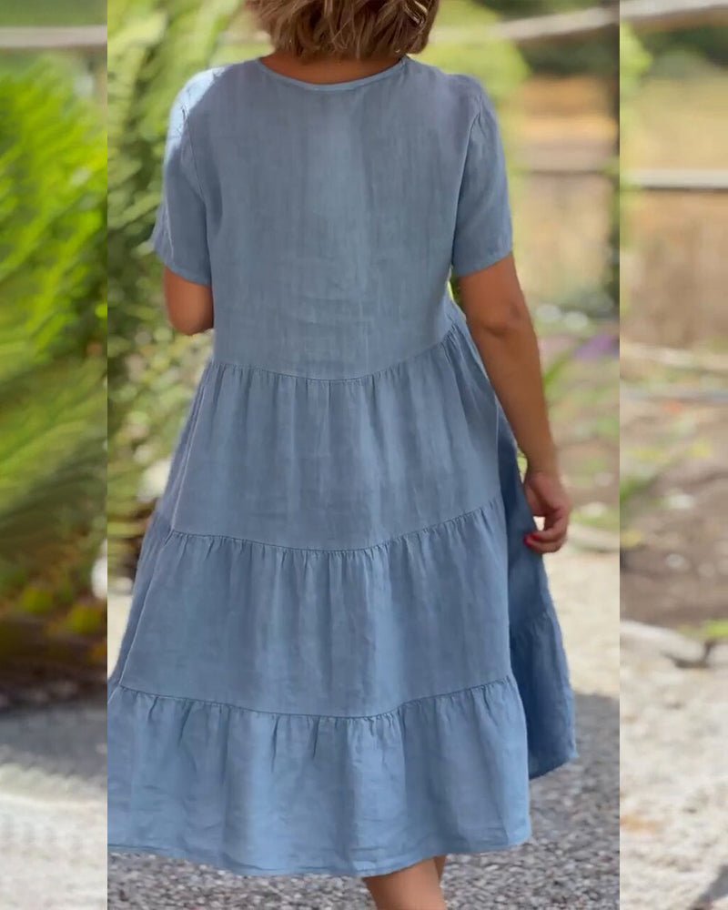 Louhi | Baumwoll - Leinen - Kleid mit V - Kragen - Blau - S - 