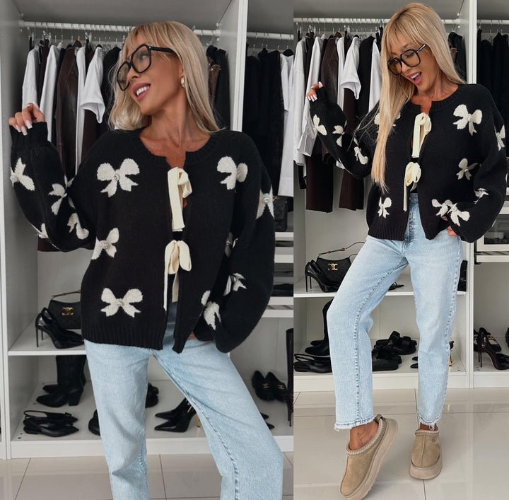 Luisa - Gemütlicher Cardigan mit Schleifenbindung - Schwarz - S - 