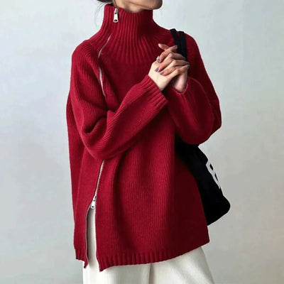 Lyra - Roter einfarbiger Pullover mit hohem Halsausschnitt - 