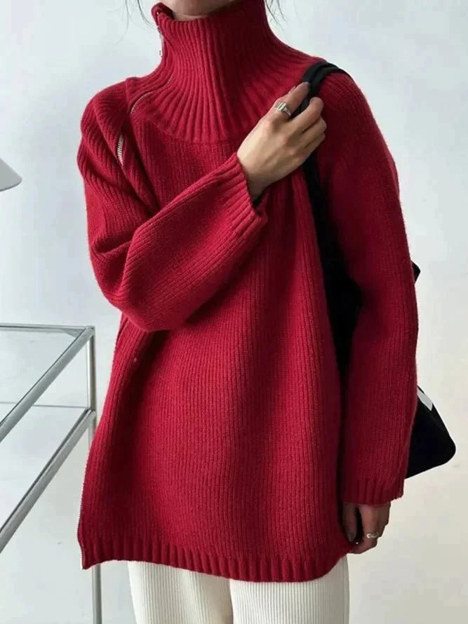 Lyra - Roter einfarbiger Pullover mit hohem Halsausschnitt - 