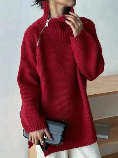 Lyra - Roter einfarbiger Pullover mit hohem Halsausschnitt - 