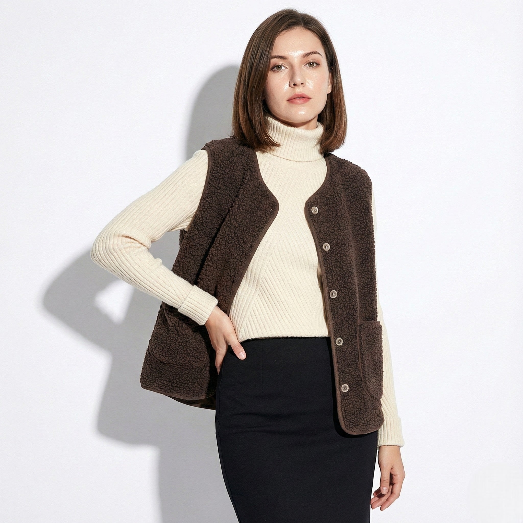 Mira – Damen Wolle Weste mit Knopfleiste und Taschen - Westen - Temala